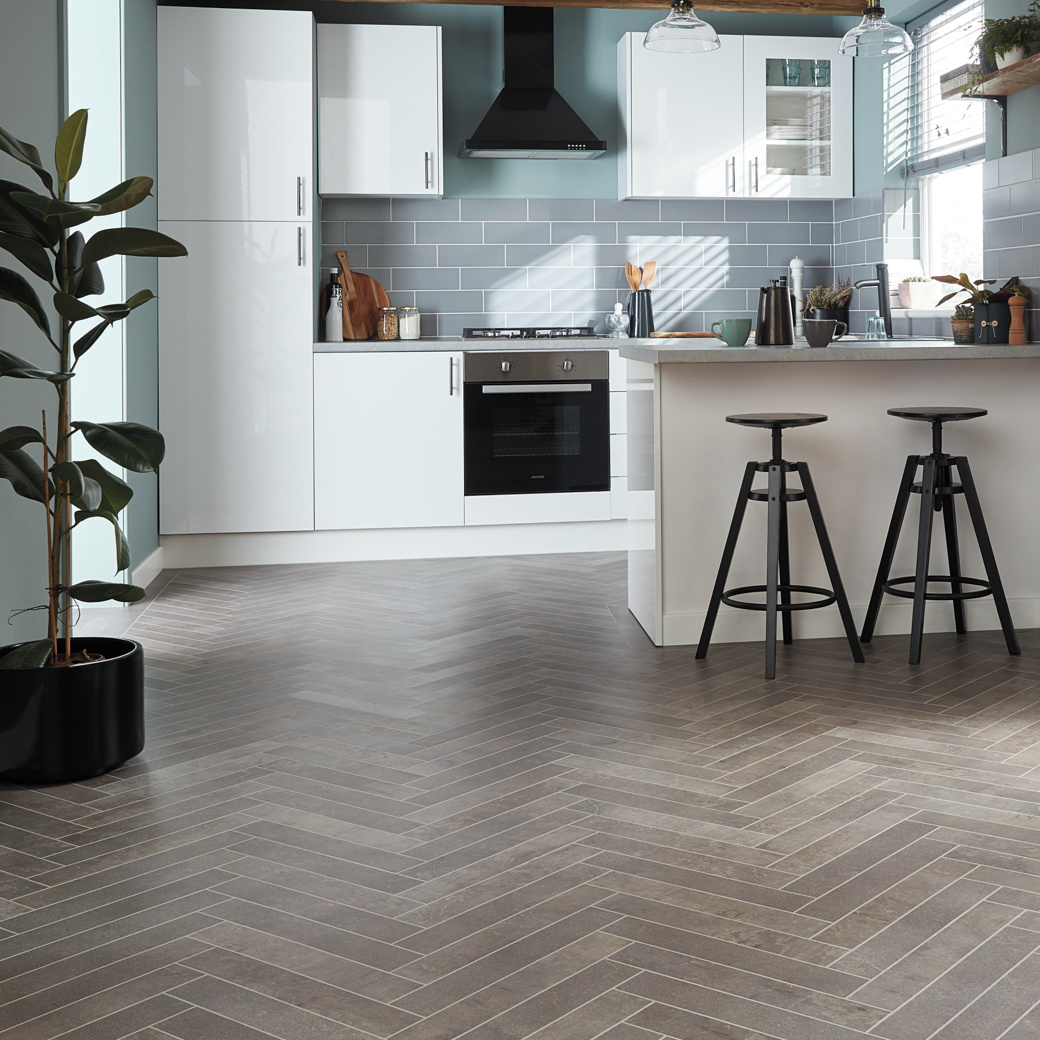 Karndean fumo stone herringbone flooring in a kitchen