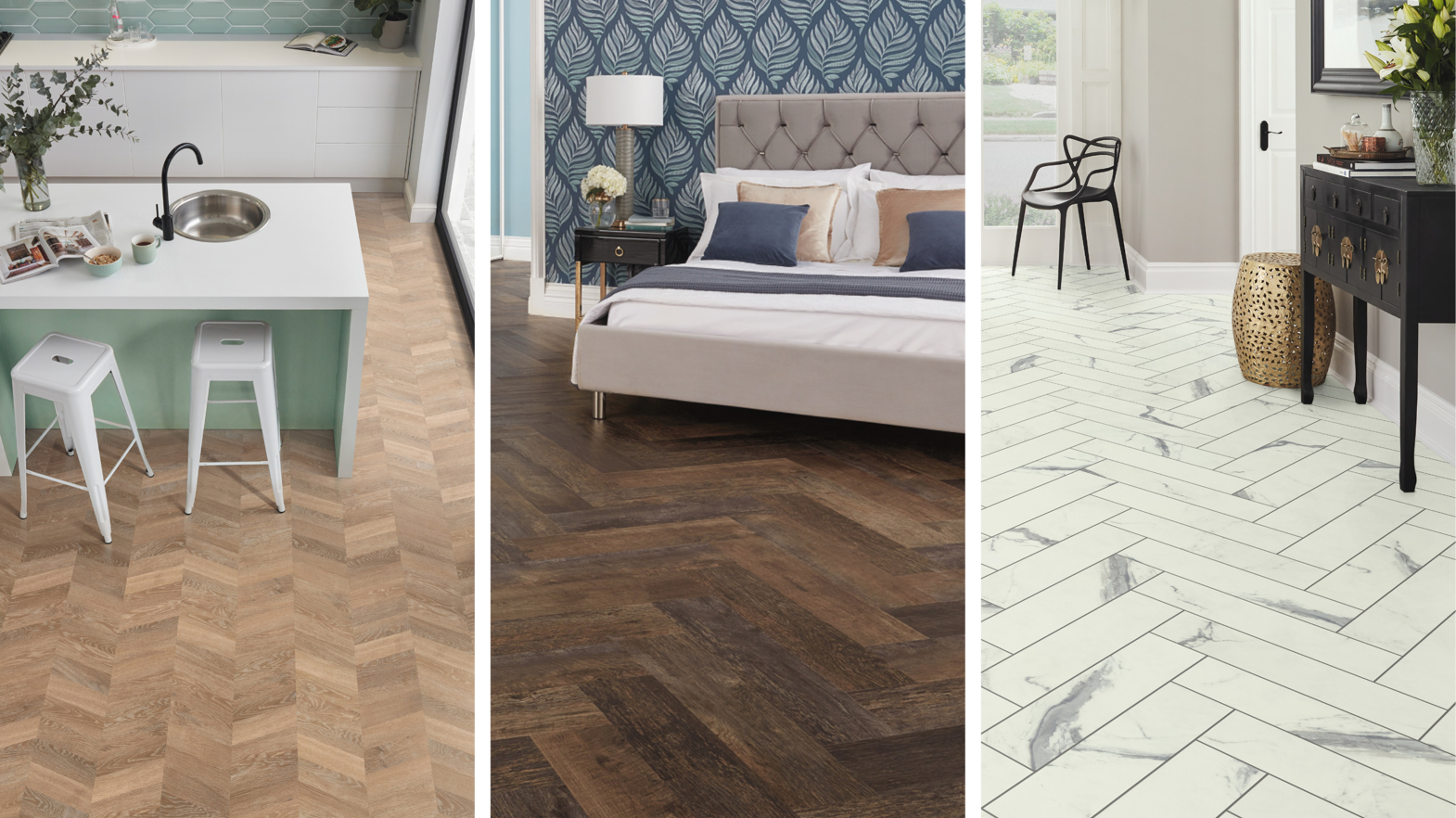 Left: Pale Limed Oak CH-KP94 chevron in a kitchen; Center: Salvaged Barnwood SM-RKP8209 herringbone in a bedroom; Right: Palazzo Marble SM-RKT3012-G herringbone in an entryway.