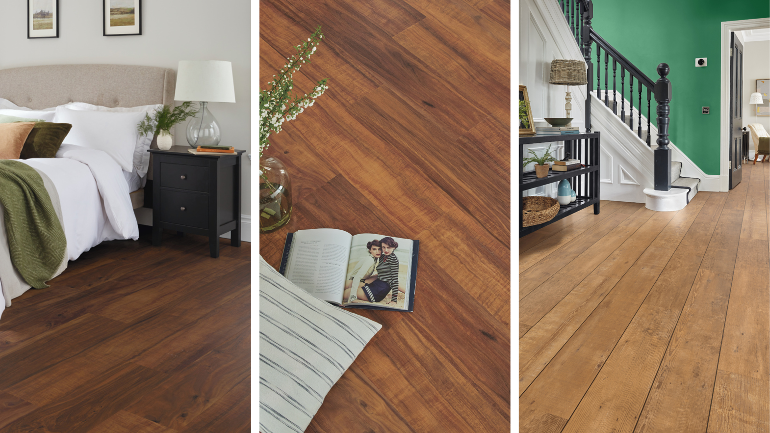 Left: Ohana Koa SCB143 in a bedroom; Center: close up of Natural Koa RKP8122; Right: Natural School Cedar VGW143T with DS06 3mm design strips in a hallway