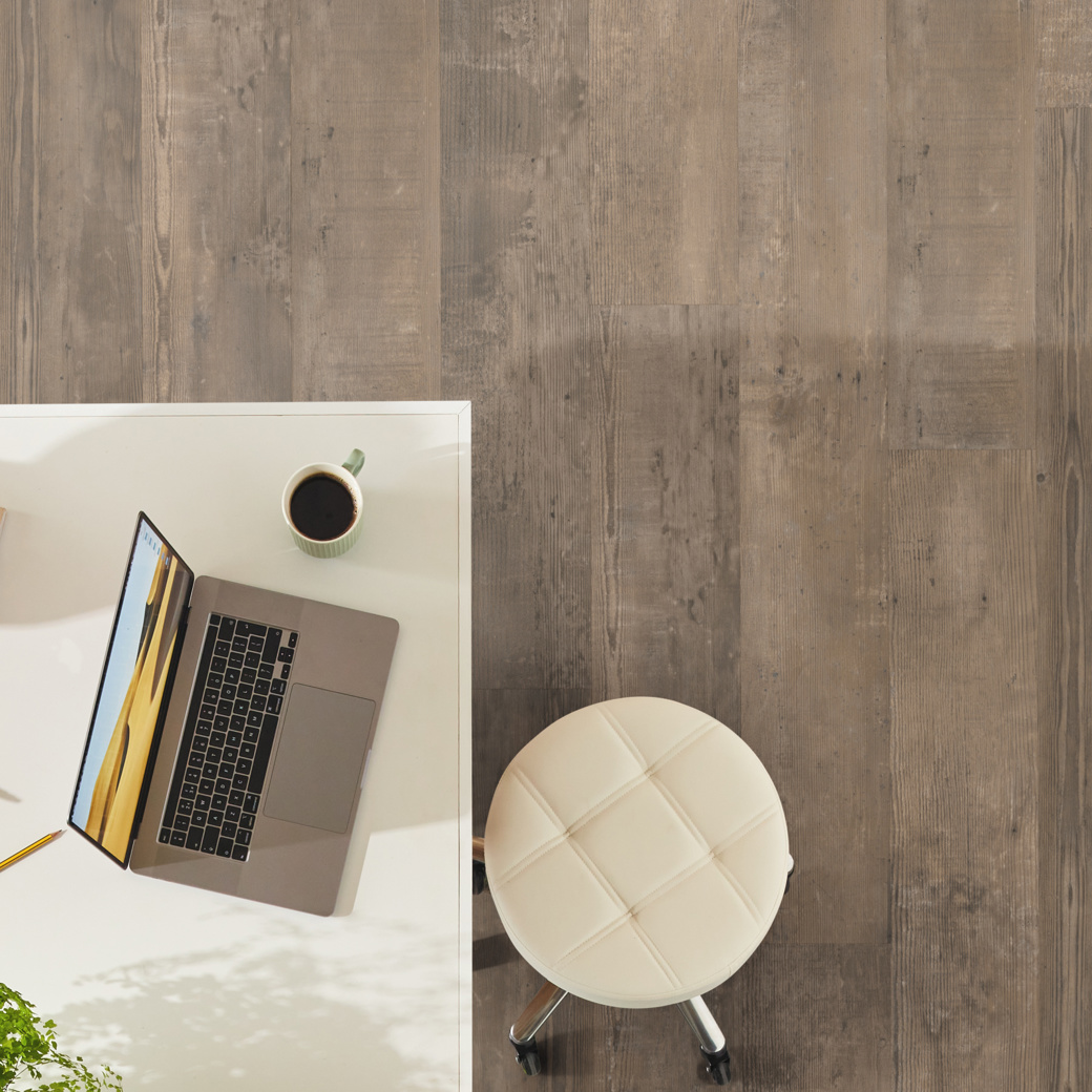 Overhead of a workspace with Smoked School Cedar VGW138T floors